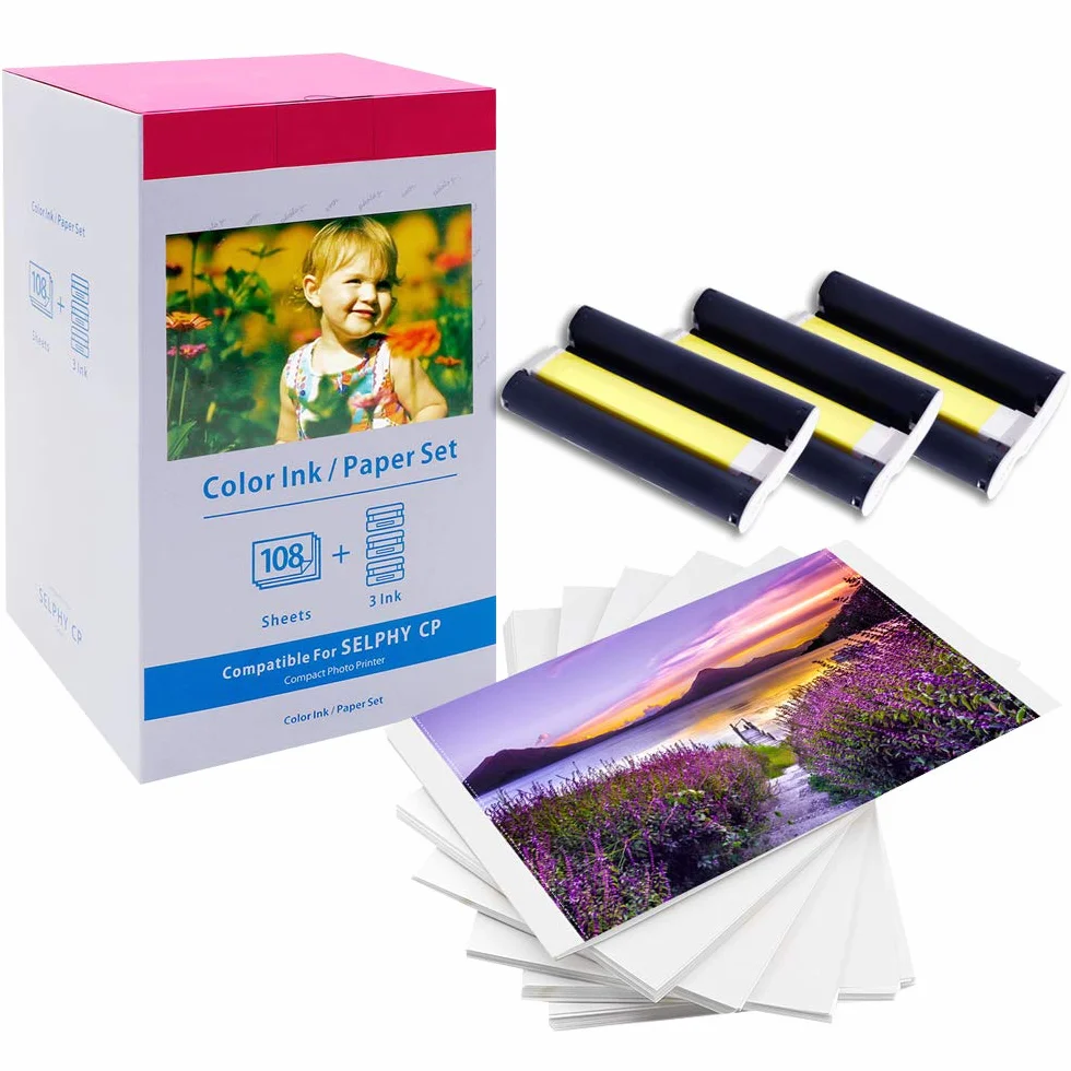 Reemplazo para Canon KP-108IN 3115B001 (AA) Papel fotográfico y cartucho de tinta, para Selphy CP1500 CP1300 CP1200 CP1000 CP910 CP810, 108 Papel fotográfic y 3 Cartuchos de Tinta, 100 x 148 mm