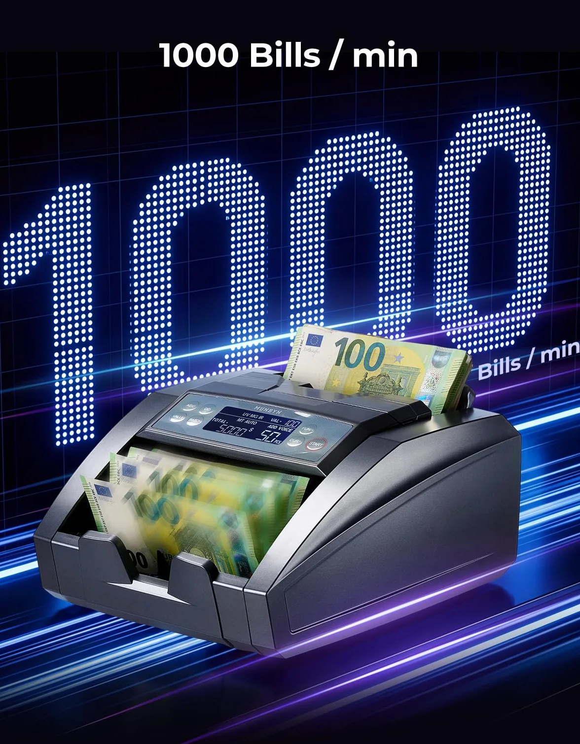 MUNBYN IMC27 Contador de Billetes Detector UV/MG/IR/MT 1300 Bill/Min Euro USD Add/Batch