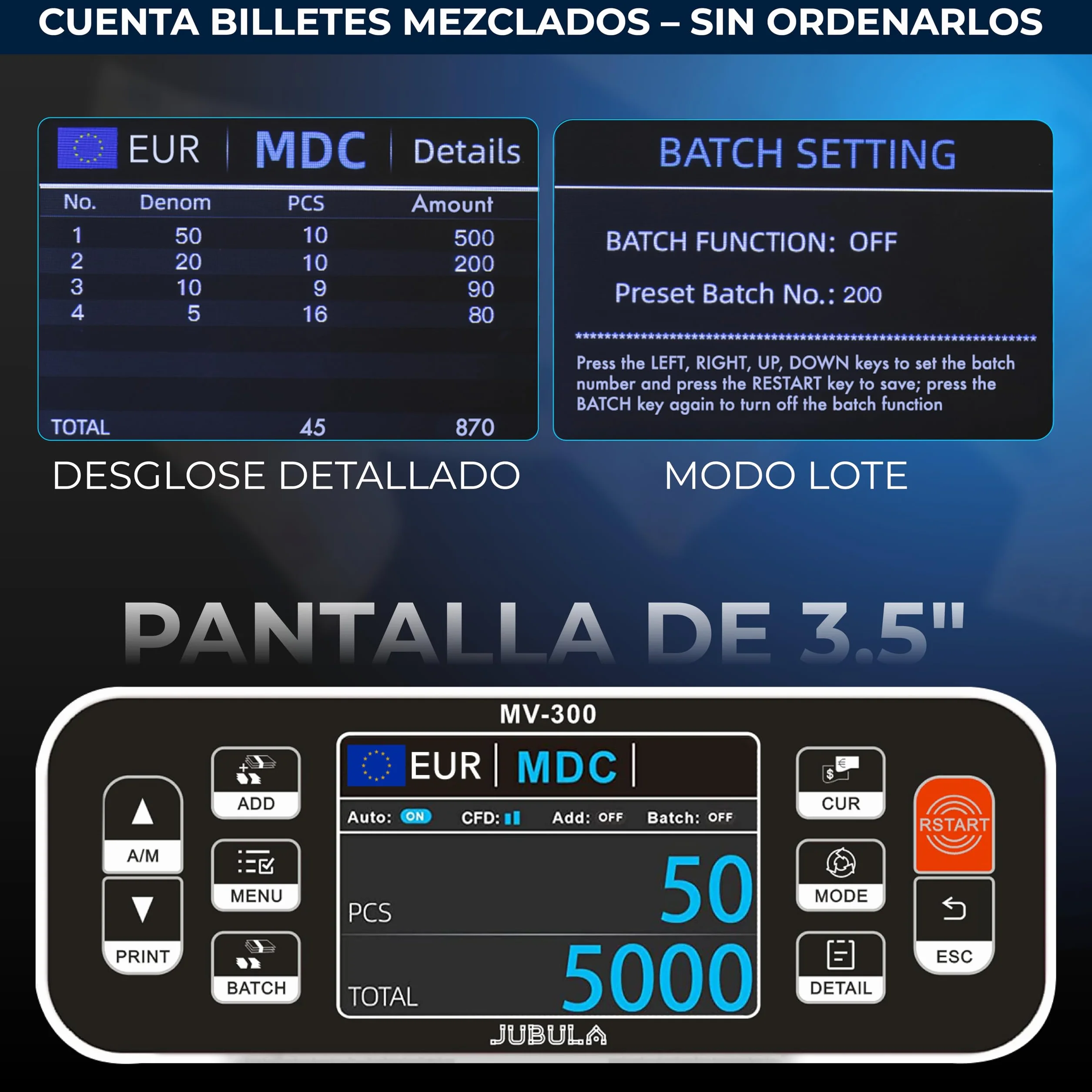 MV-300 Contador de Billetes Mixtos con 8 Veces Reconocimiento de Falsos EUR USD GBP
