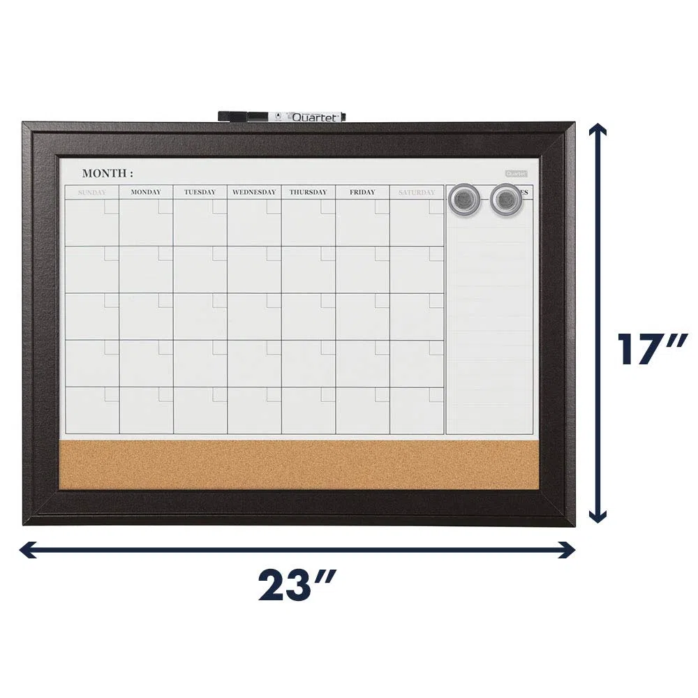 Quartet Pizarra blanca magnética combinada, calendario y tablero de corcho, 17 x 23 pulgadas, combo de pizarra blanca de borrado en seco y tablero de anuncios de corcho, tablero de mensajes, marco