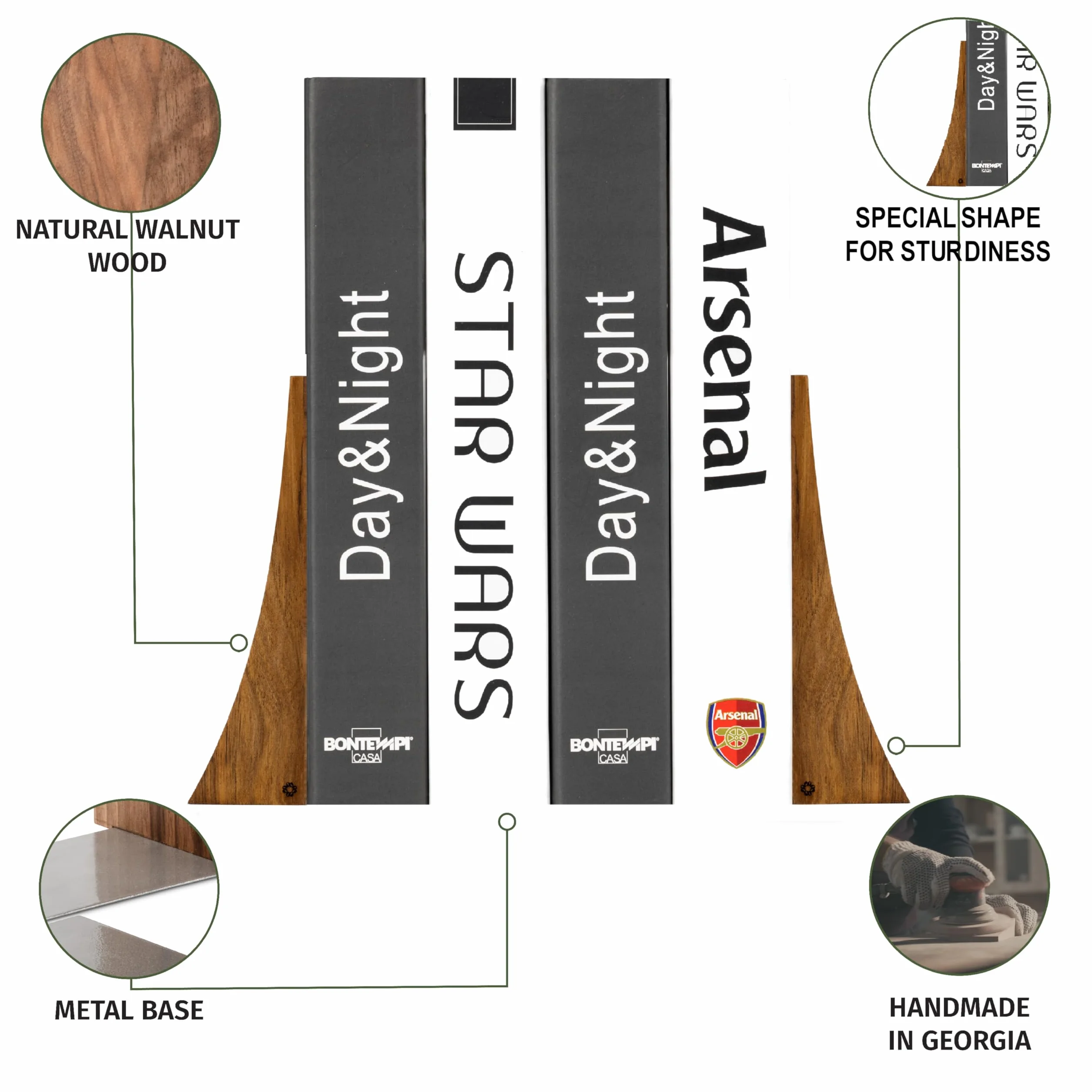 Tilisma Sujetalibros de madera – Sujetalibros hechos a mano de nogal, sujetalibros resistentes con base de metal, accesorios decorativos modernos y elegantes