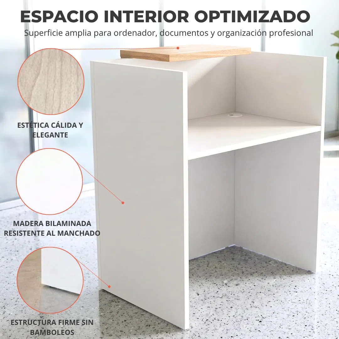 OFICIT Mostrador Recepción Profesional | Mostradores para Tiendas de Madera de 25MM de Grosor | Mueble Recepción con Estantería Ideal como Mostrador Peluquería, Tiendas, Clínicas o Academias
