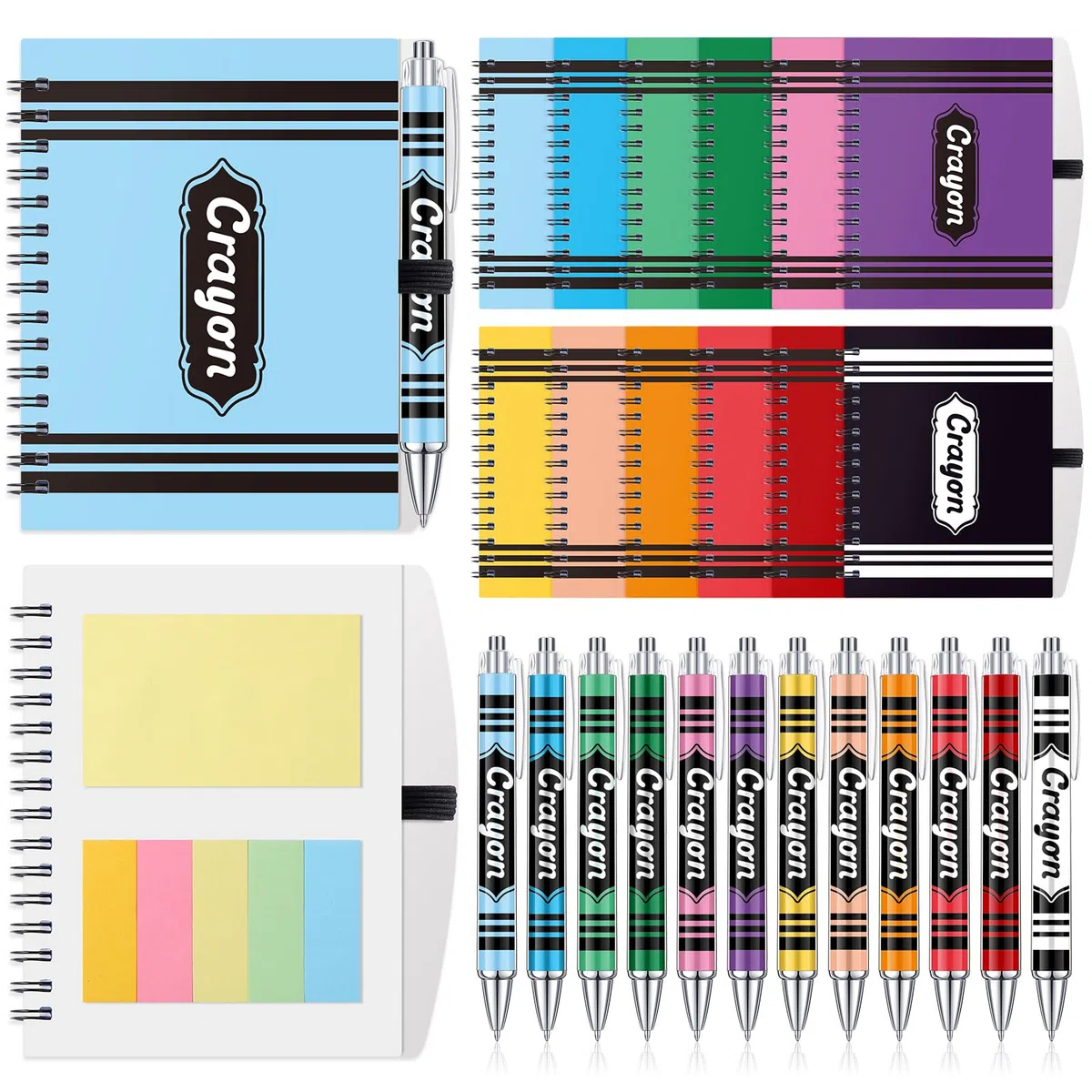 24 cuadernos y bolígrafos para el regreso a clases, 12 coloridos diarios de bolsillo en espiral con temática de crayón, 12 bolígrafos a granel, suministros de crayón a granel, regalos de