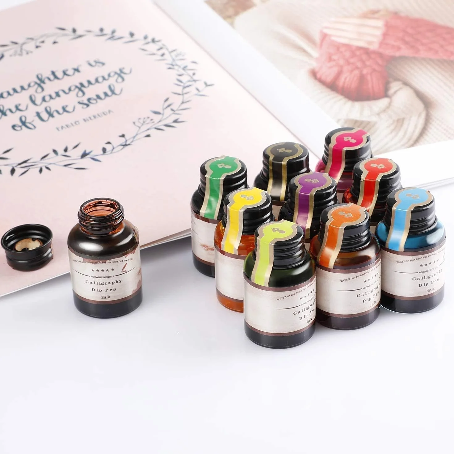 GC Tinta de caligrafía - Juego de 10 botellas de tinta de 20 ml de colores - Recarga de tinta sin carbón para pluma estilográfica - para llevar un diario, escribir y dibujar GC-710