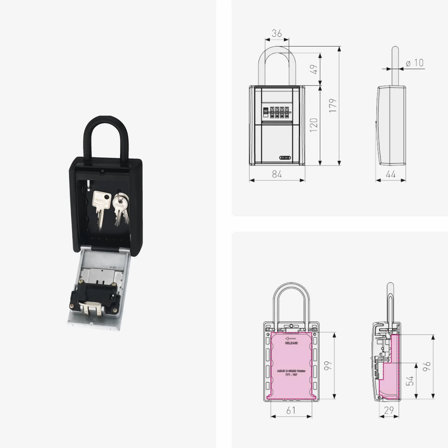 ABUS KeyGarage™ 797 LED - caja portallaves con arco de sujeción - con ruedas numéricas iluminadas - para llaves u objetos de valor pequeños - negro y plateado