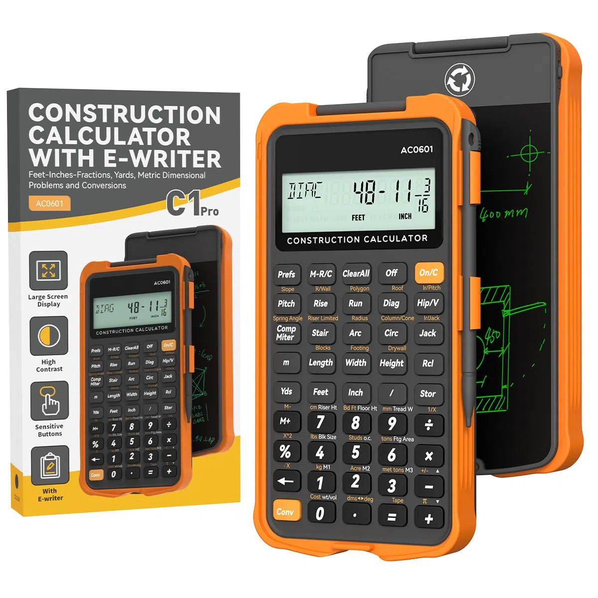 Calculadora de construcción con tableta de escritura industrial y científica ROATEE calculadora de ingeniería para contratistas, calculadoras de bolsillo de pies-pulgadas-fracción de hormigón para