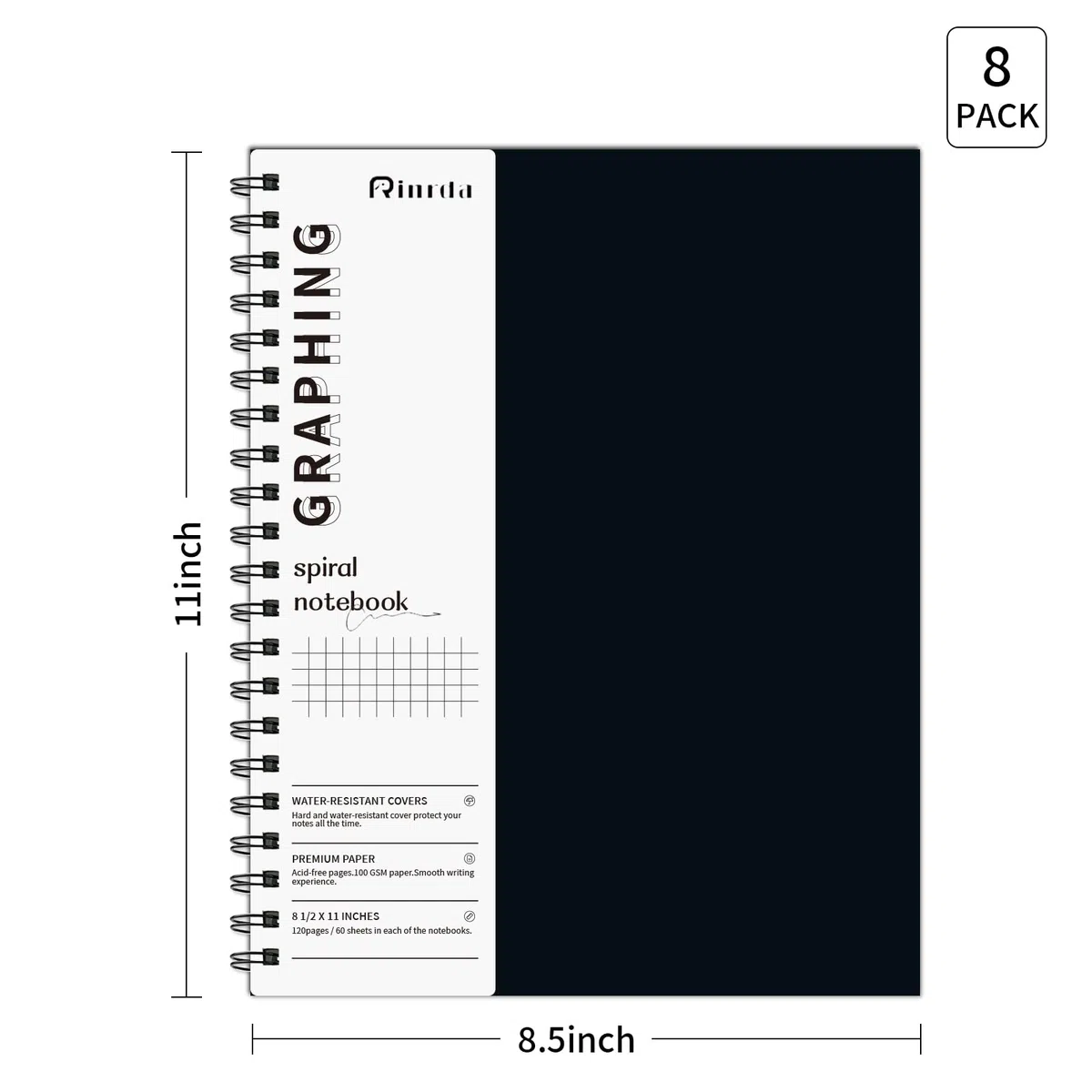 Cuaderno de papel gráfico en espiral de 8.5 x 11 pulgadas, paquete de 8 cuadernos de papel cuadriculado, cuaderno gráfico de ingeniería, cuaderno de ingeniería, cuaderno de 120 páginas, papel