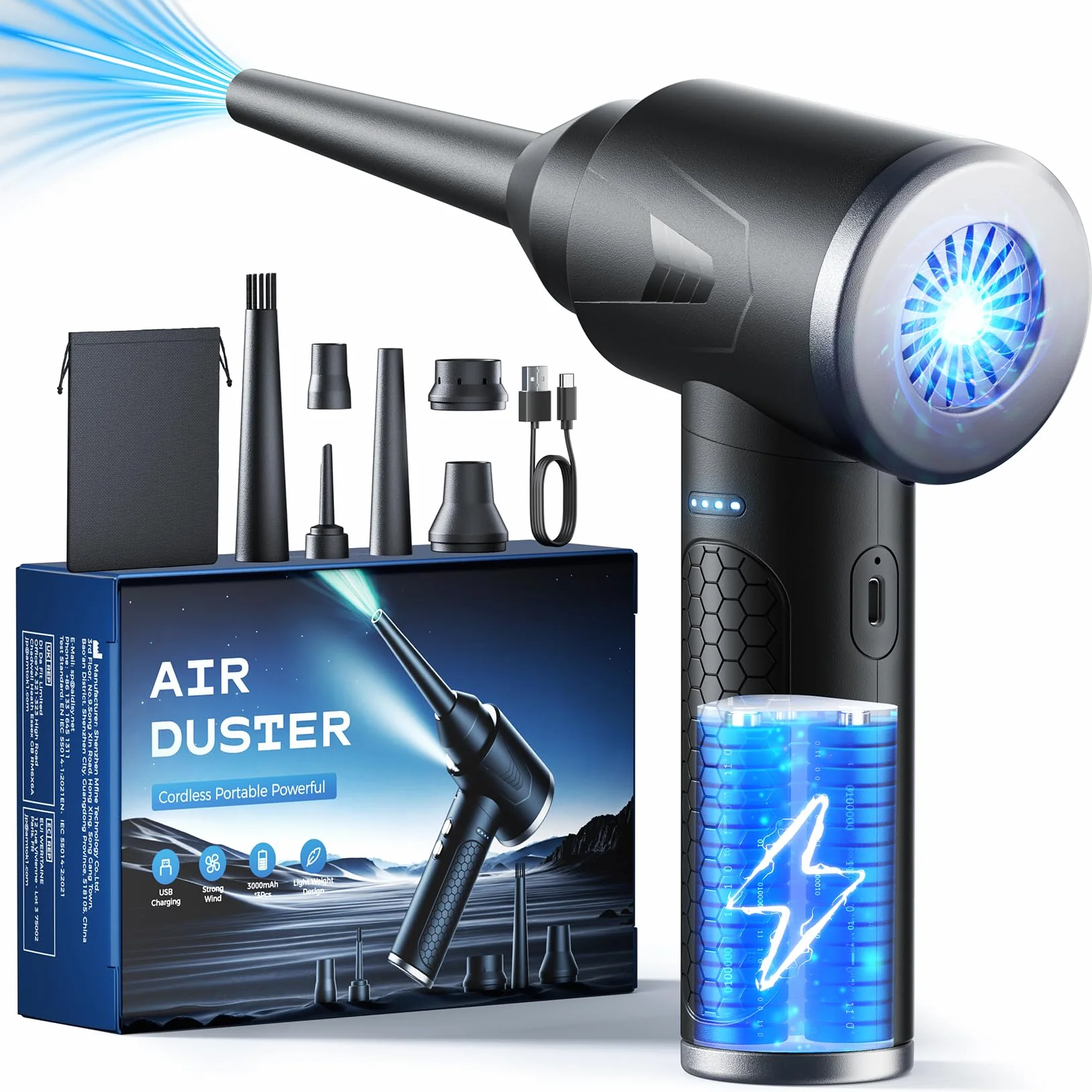 100,000 RPM Potente Soplador de Aire con Luz LED, Aire Comprimido Limpieza PC de 9000mAh, Soplador de Aire Para PC, Air Duster de 3 Velocidades, Plumero Electrico para Ordenador, Coche, Oficina, Sofá