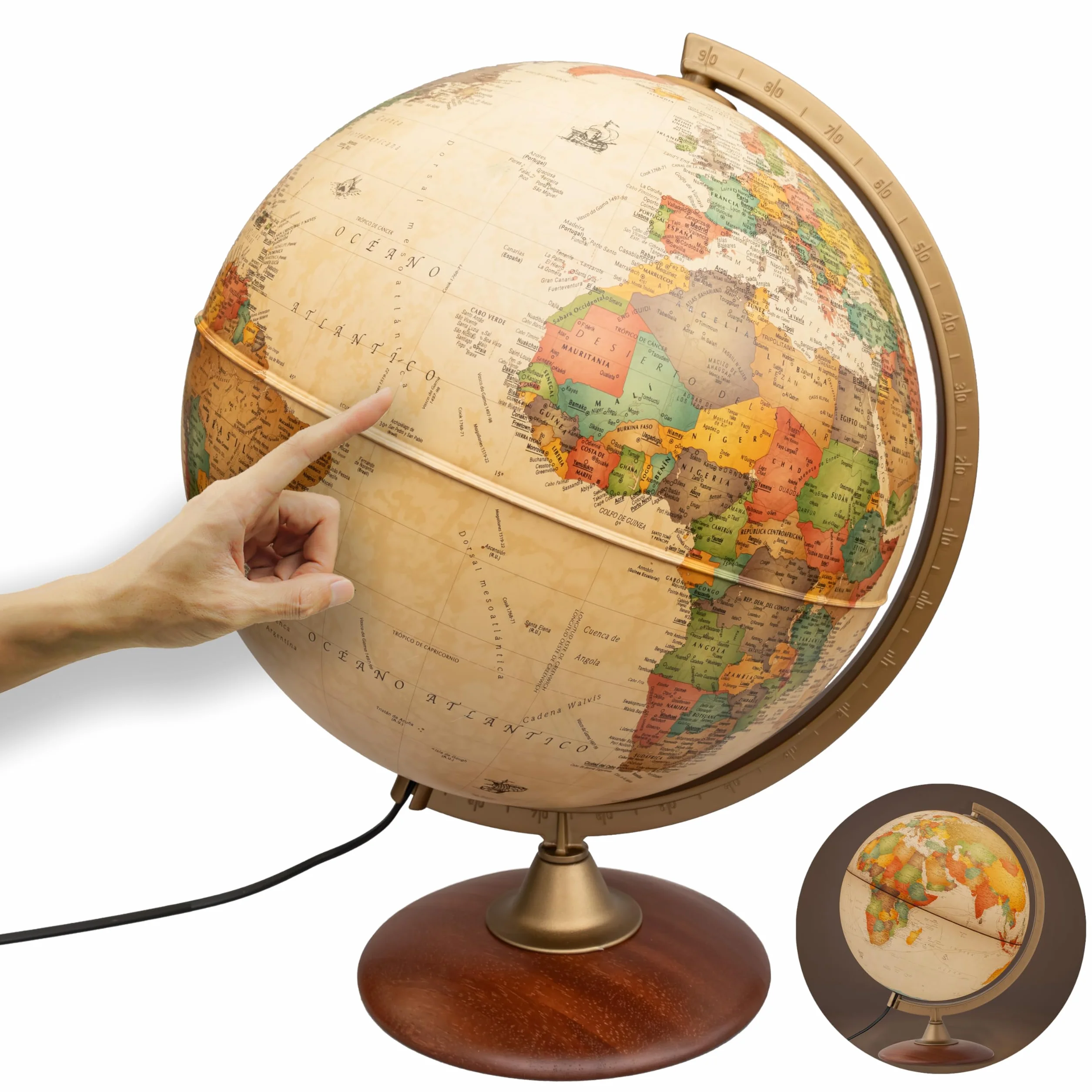 Globo terraqueo Iluminado 30cm, Pie de Madera, Cartografía en el Estilo Antiguo, Idioma español