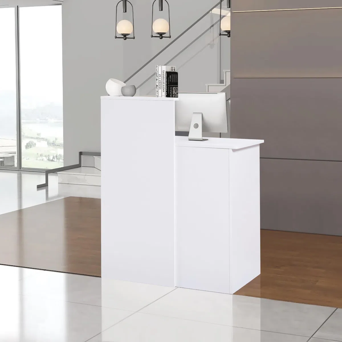 Mostrador de Recepción Moderno 80 cm, Mueble de Oficina de MDF con Cajón con Cerradura y Estantes Abiertos, Escritorio de Recepción para Peluquería, Centro de Belleza, Tienda, Hotel y Oficina