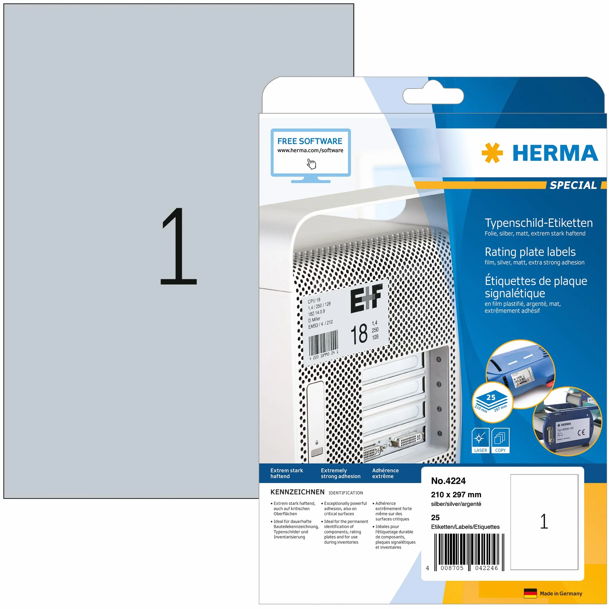 Herma 4224 - Pack de 25 etiquetas, 210 x 297 mm, color plateado