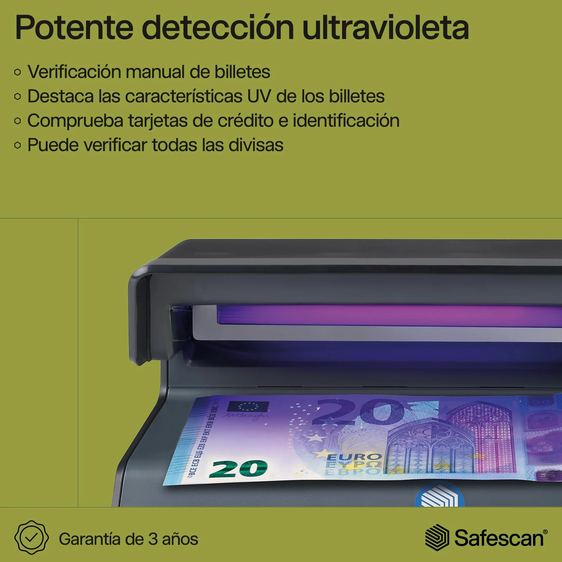 Safescan 50 Negro - Detector UV de billetes falsos, verificación de tarjetas de crédito y documentos de identidad