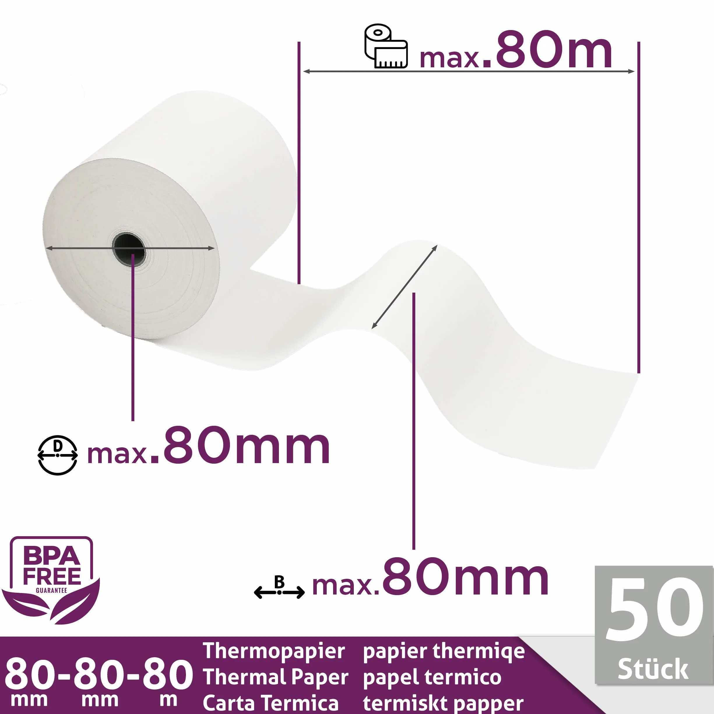 LYNNE - Rollos Papel Termico 80x80 para Impresora de Tickets - Para caja registradora con impresora de recibos - Papel impresora Termica 80x80x12 - Rollo Papel térmico 80mm x 80mm x 80m - [50x]