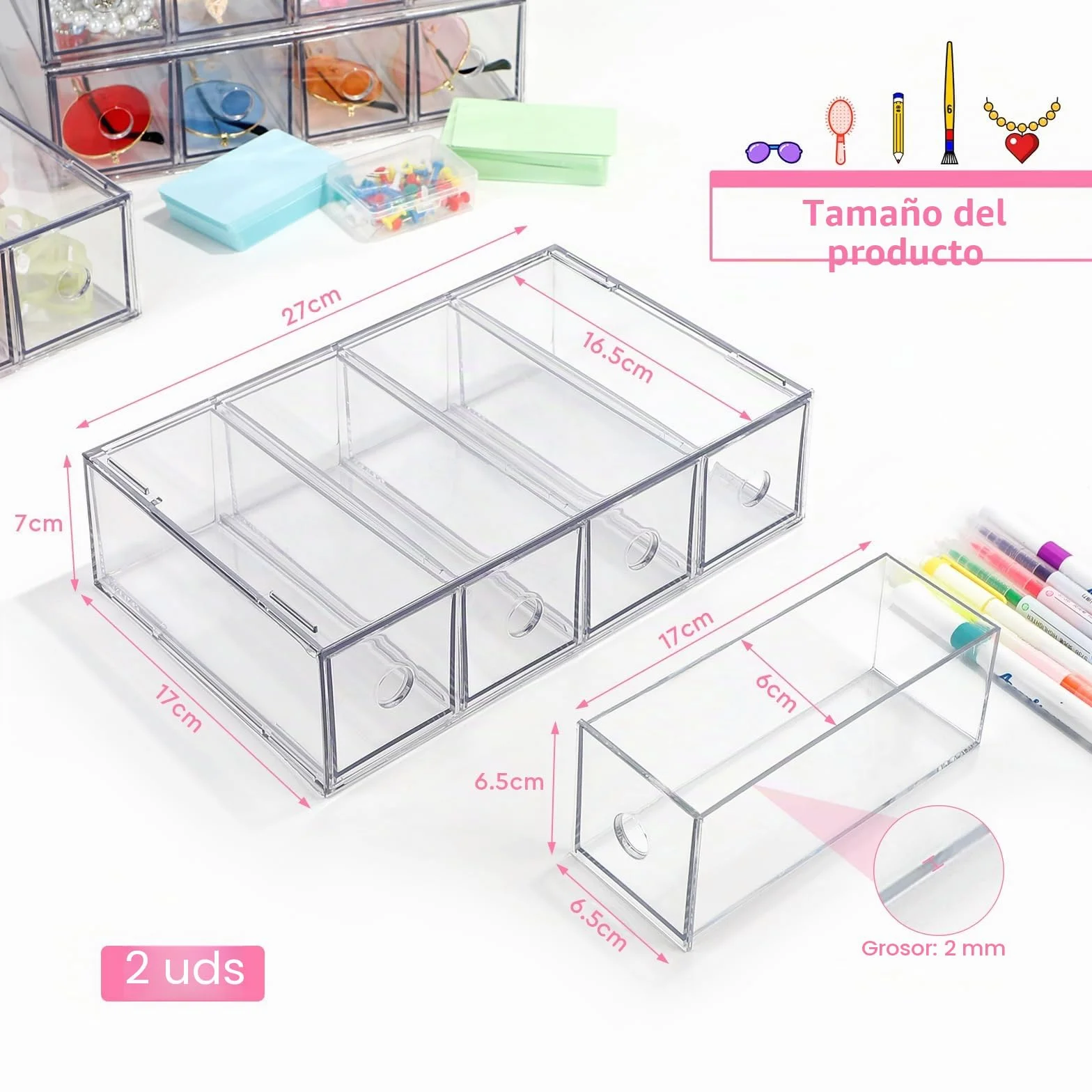Organizador de escritorio apilable con 2 cajones y 8 compartimentos, caja de almacenamiento multifunción