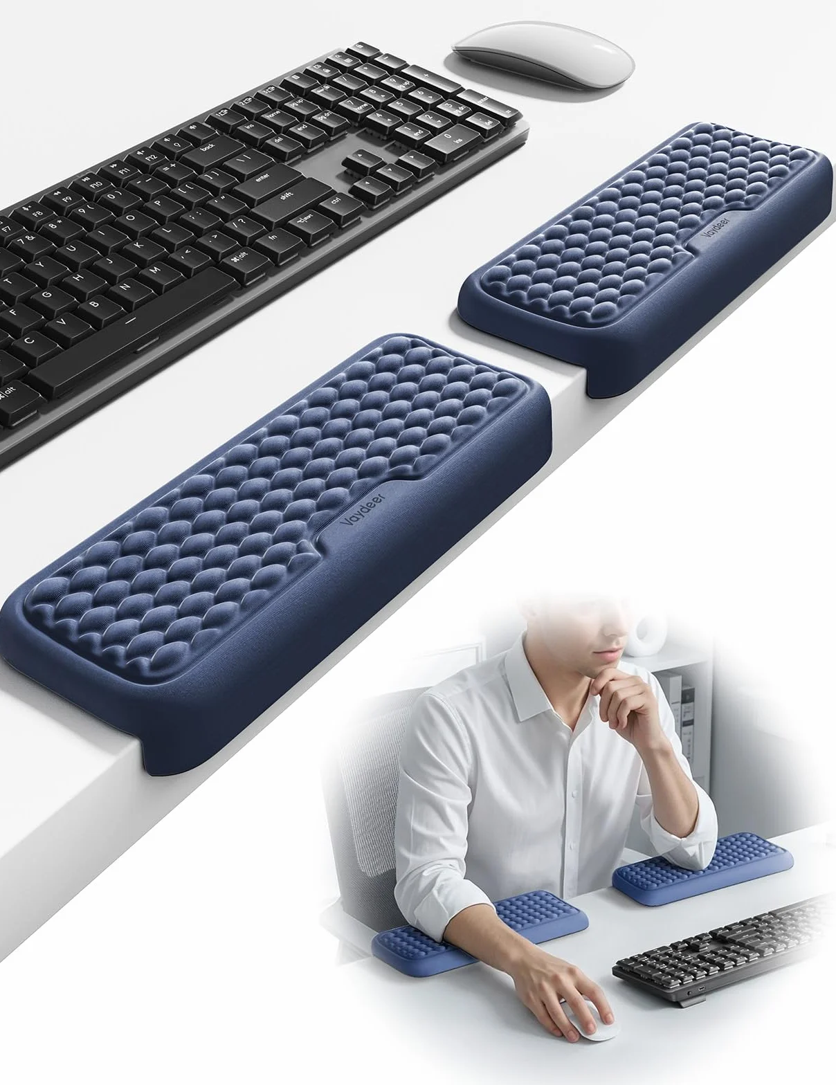 VAYDEER Juego de 2 Almohadillas de Codo en Forma de L — Cojines Reposamuñecas con Espuma Viscoelástica para Borde del Escritorio, Soporte Ergonómico para Muñeca y Antebrazo, Base Antideslizante (Azul)