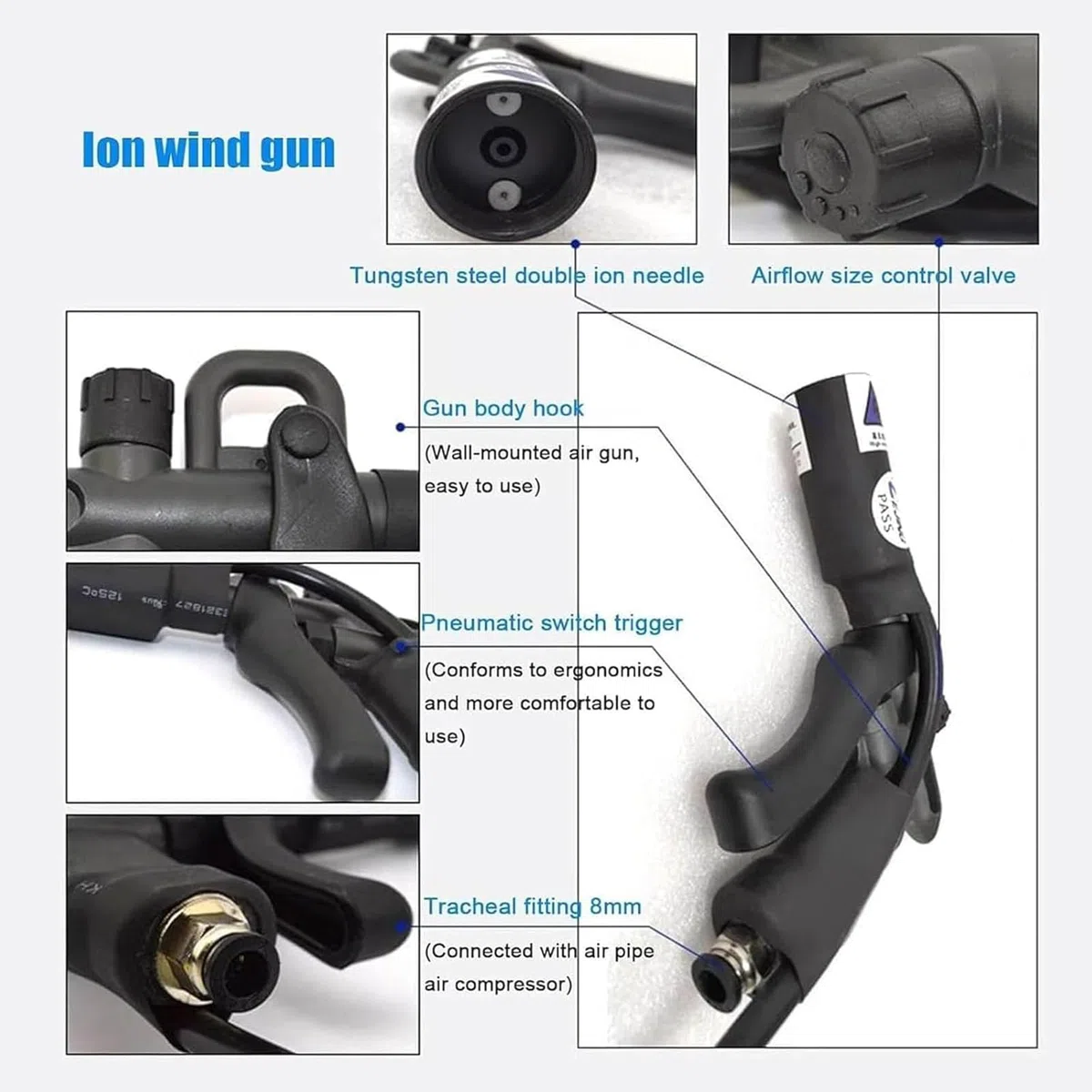Pistola de aire ionizante antiestática, eliminador estático de alto voltaje para eliminación estática industrial y limpieza de precisión con presión de aire ajustable