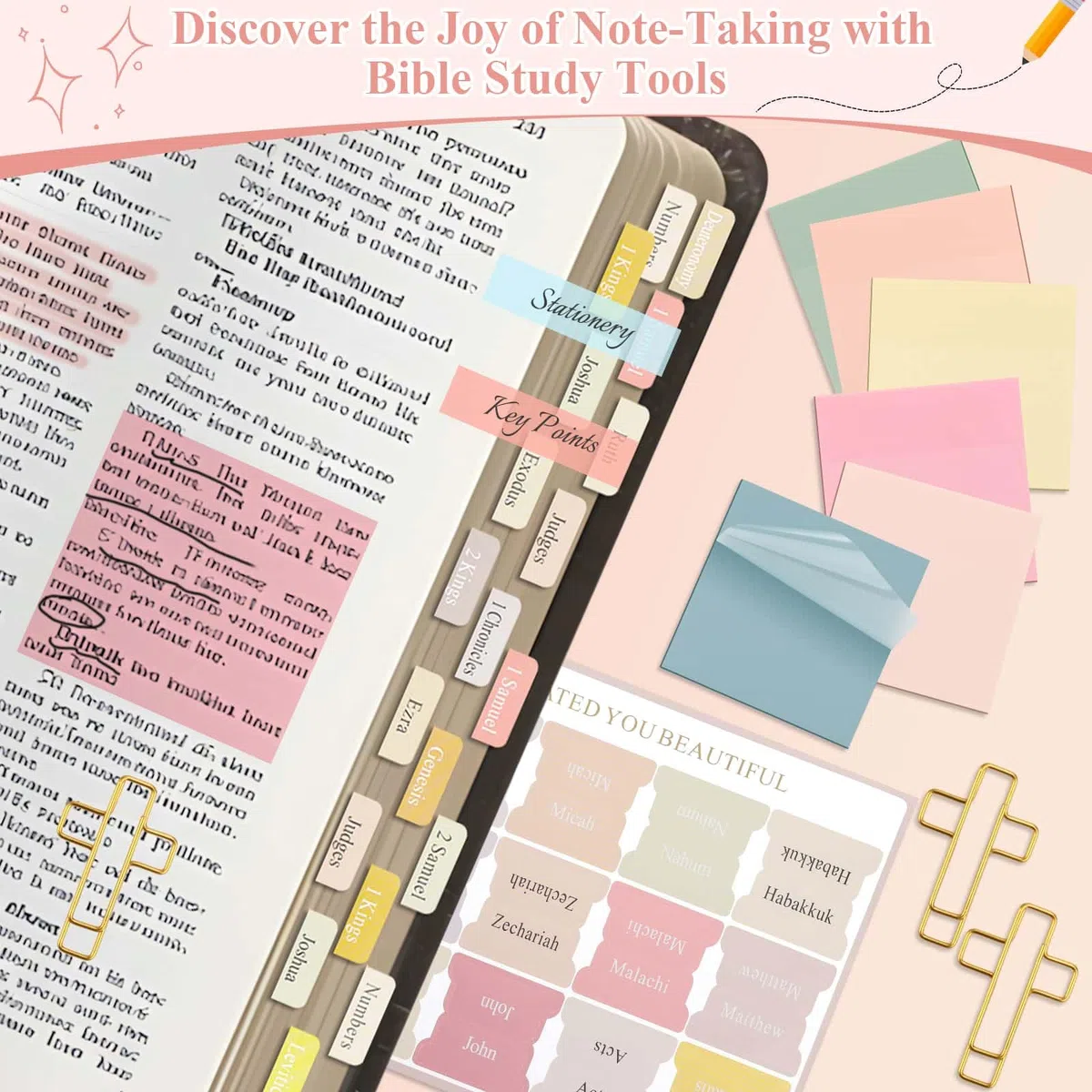 Flasoo Paquete de 106 suministros de estudio bíblico para mujeres, kit de anotación de diario de la iglesia, notas y marcadores con estuche y más accesorios de la Biblia, regalo cristiano
