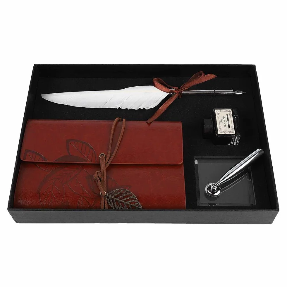 VBESTLIFE Conjunto de Botella de Tinta Cuaderno de Cuero Retro con Pluma Estilográfica de Plumaje Tallado Vintage para Caligrafía Escritura Regalo de Papelería(Blanco)