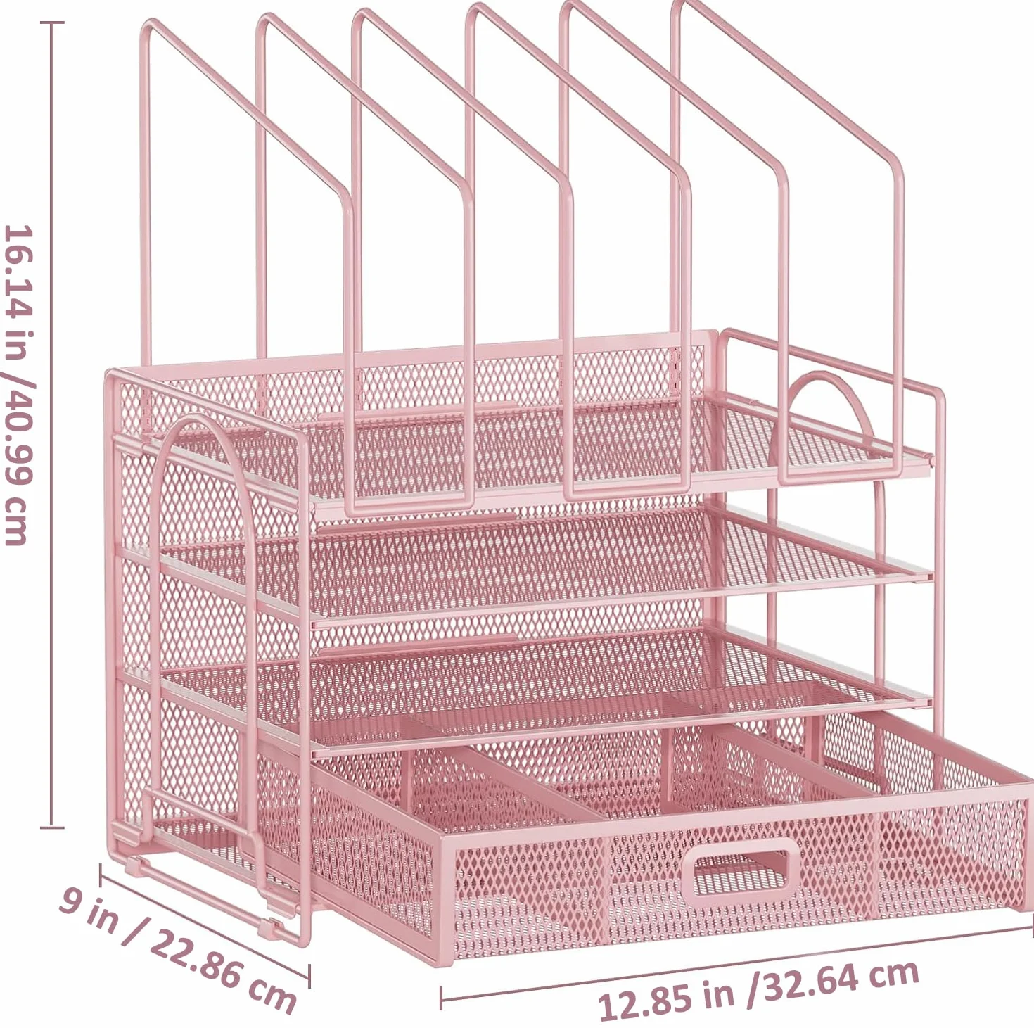 Marbrasse Organizador Escritorio,4-Tire Bandejas Oficina y 5 Soporte Vertical,2 Soportes para Bolígrafos,Bandeja Escritorio Organizador para Hogar Oficina(Rosa)