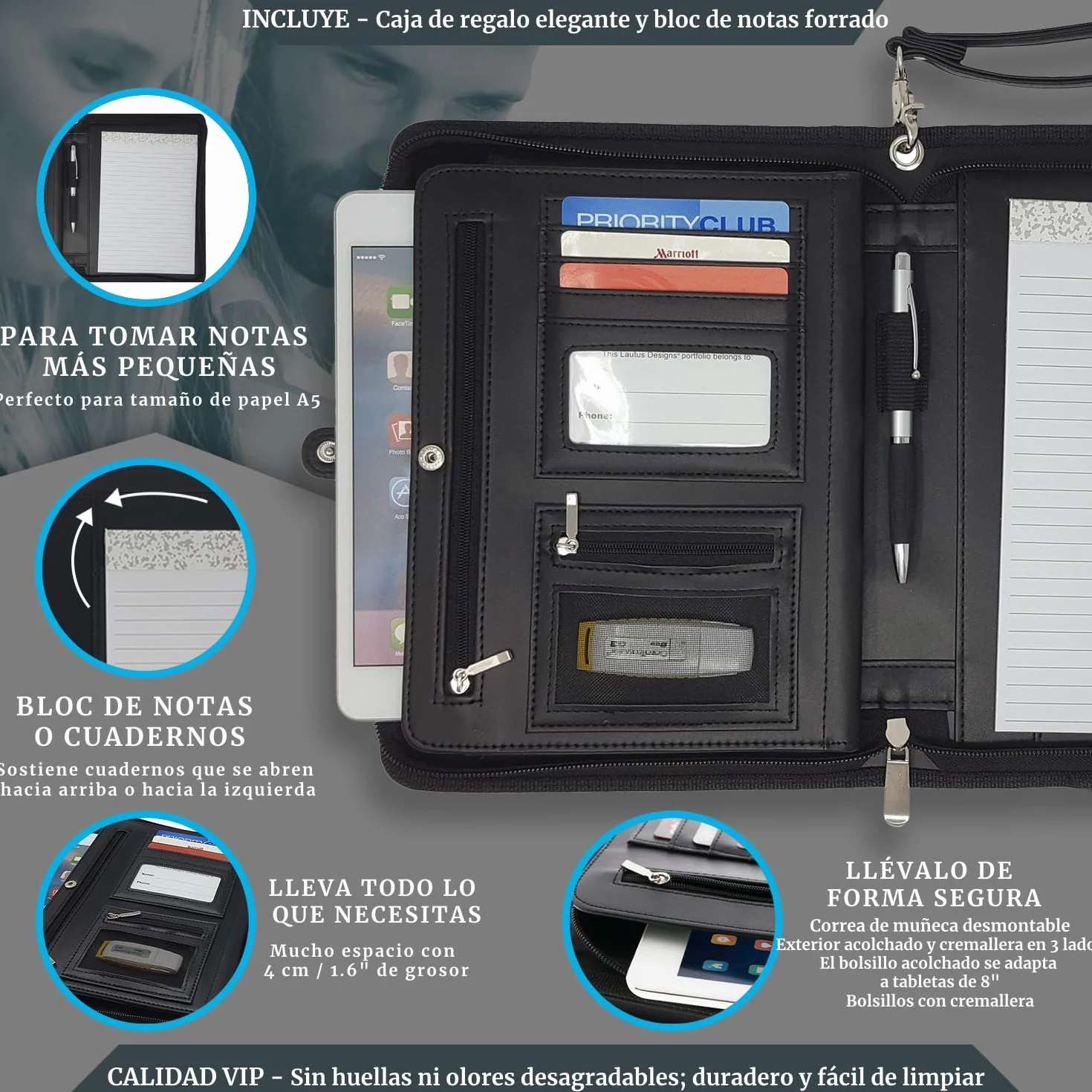 Portafolio de Negocios con Cremallera – Organizador de Cuero PU Premium, Pequeño Bloc de Notas & Funda para Tableta de 8 Pulgadas – Carpeta para Trabajo, Reuniones & Viajes – Negro