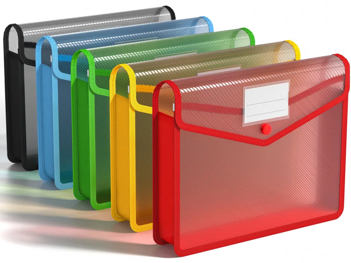 Cartera de plástico, A4, carpeta de documentos de plástico con sobres y soporte para tarjetas de visita (Pack de 5)