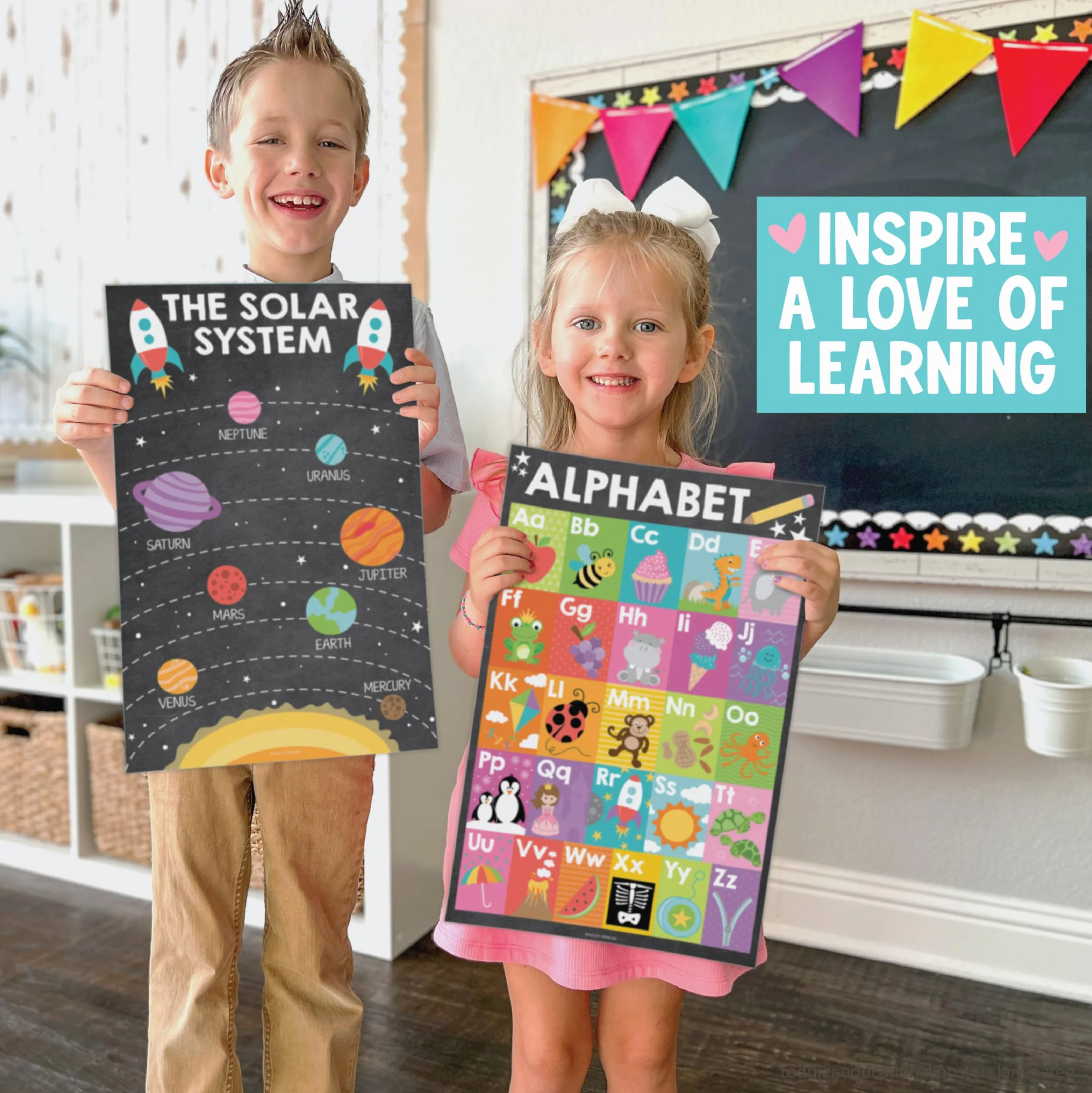 16 coloridos carteles educativos para niños pequeños – Pre K – carteles de aprendizaje para niños pequeños 13, suministros de escuela en casa de jardín de infantes, póster del alfabeto para niños