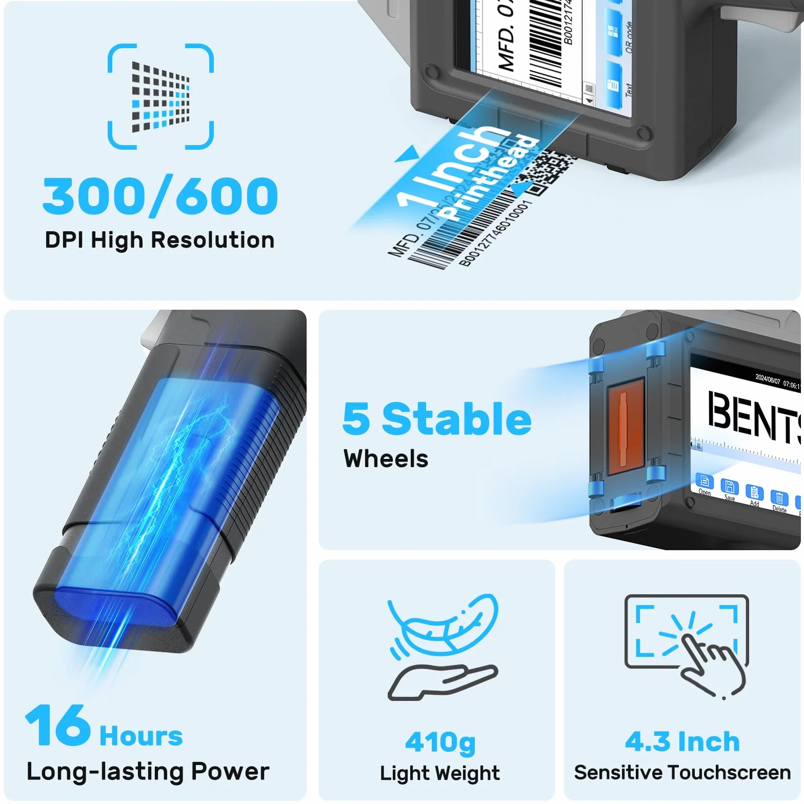 BENTSAI Impresora de inyección de Tinta portátil BT-HH6210B Cabezal de impresión de 25,4 mm con 18H de Larga duración para número de Lote, Fecha, Logotipo, impresión de código QR en