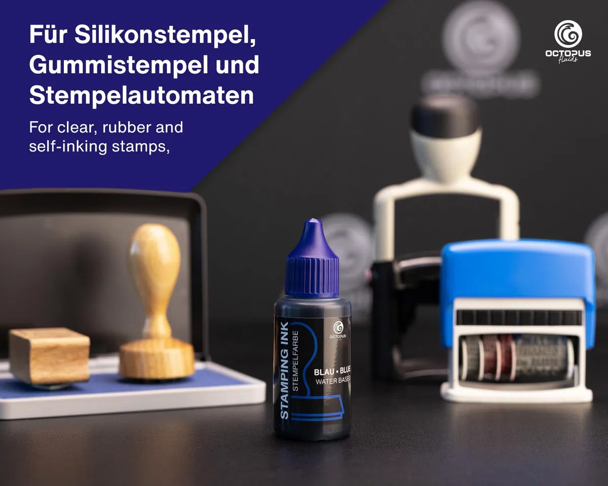 Octopus Fluids tinta para sellos, tinta rellenable para impregnar sellos y máquinas automáticas, tinta para sellos de 250ml, azul sin aceite