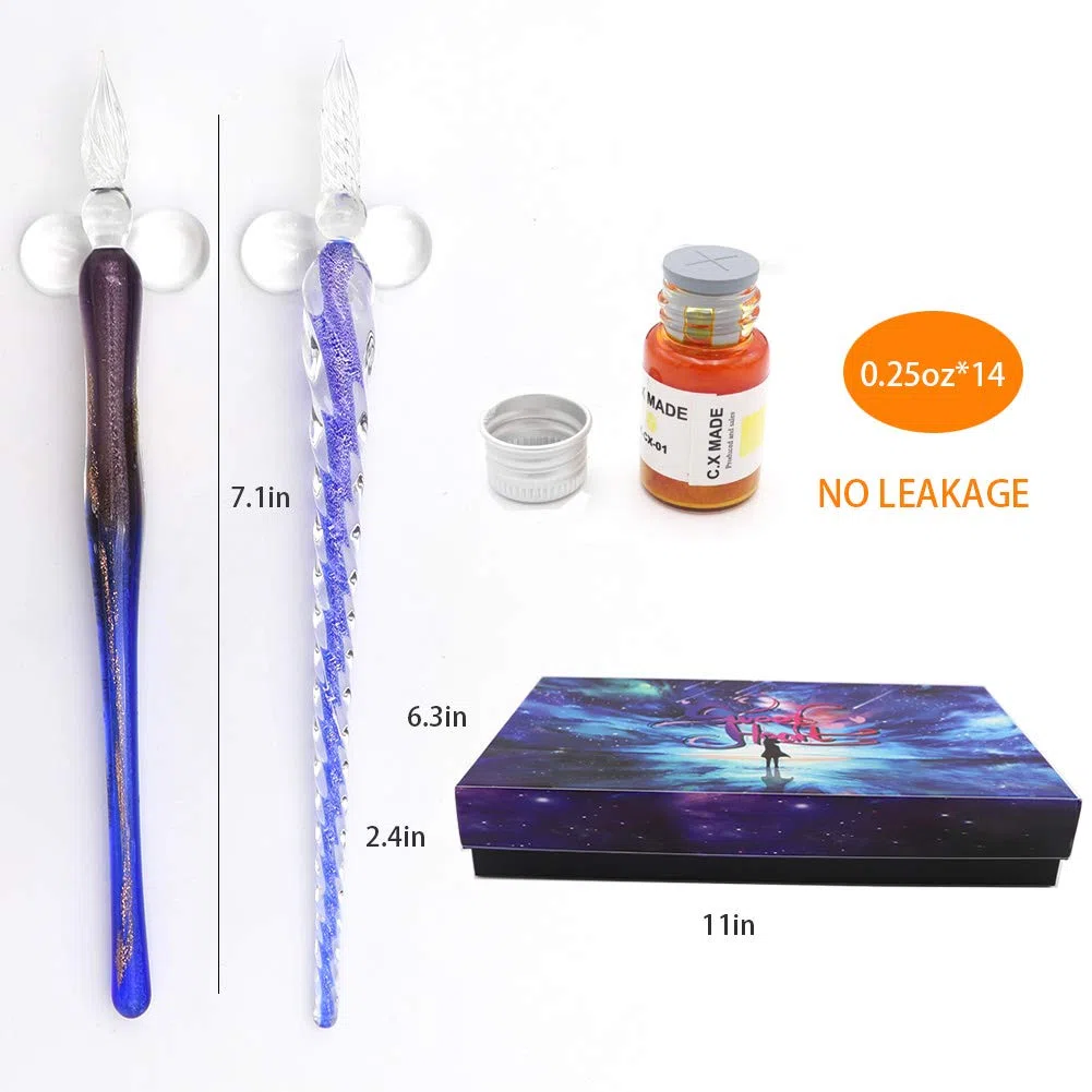 AXEARTE Juego de bolígrafos de caligrafía de cristal, 18 piezas de 14 tintas de colores, soporte para bolígrafos, taza de limpieza, 2 bolígrafos de cristal para arte, escritura, dibujo, firmas, regalo