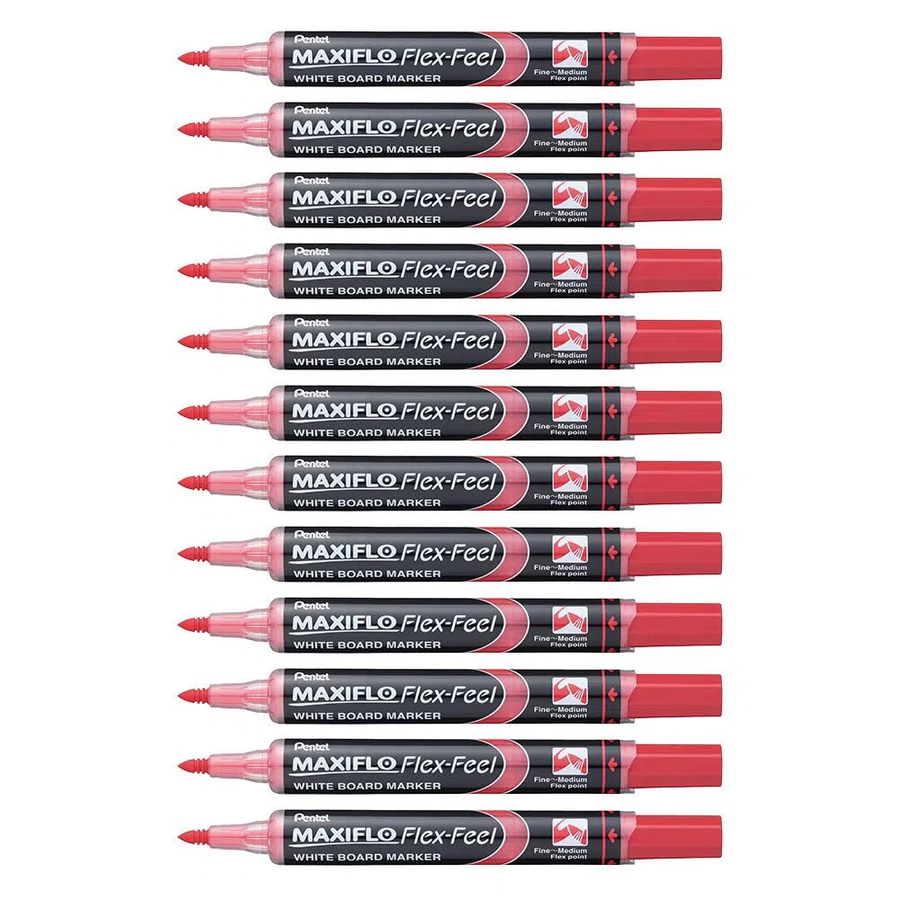 Pentel Rotuladores para pizarra blanca MWL5SBF-BX Maxiflo Flex-Feel, 12 unidades, color rojo.