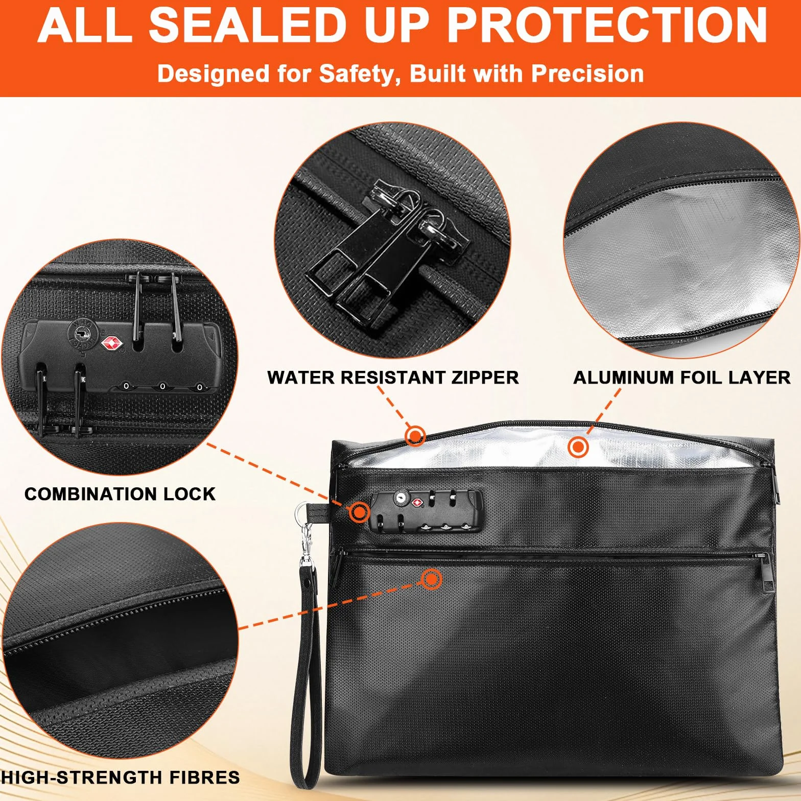Bolsa de Documentos Resistente al Fuego de 6400°F con Cerradura de Combinación - Bolsa para Dinero Resistente al Calor para Efectivo, Pasaportes, Escrituras, Teléfonos, Bolsa Impermeable Resistente al