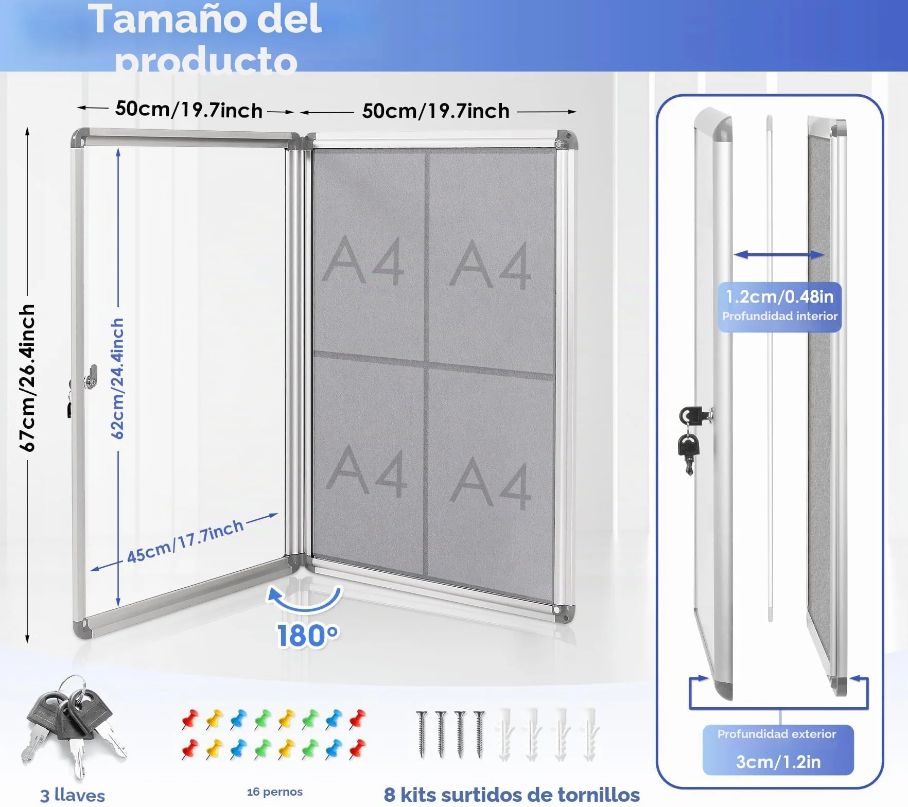 Swansea Tablón de anuncios de tela Vitrina de pared cerrada con marco de aluminio 67x50cm(4xA4)