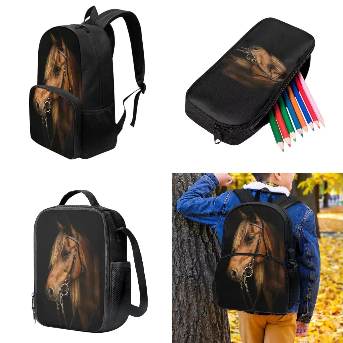 POLERO Juego de 3 bolsas escolares con impresión 3D para el almuerzo, estuche para lápices, Caballo marrón, Talla única, Mochila infantil