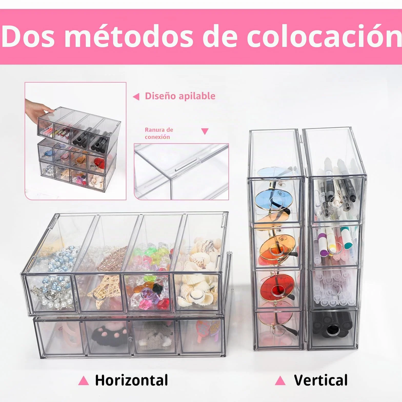 Organizador de escritorio apilable con 2 cajones y 8 compartimentos, caja de almacenamiento multifunción