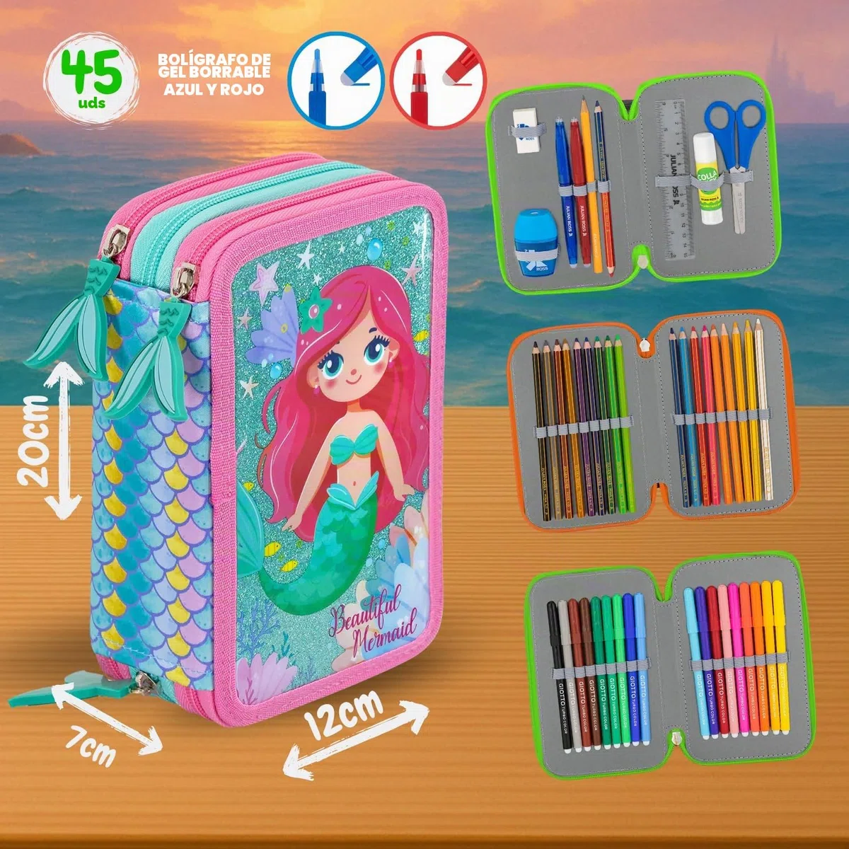Plumier Triple 45 Piezas – Estuche Escolar Completo con Bolígrafos Gel Borrables, Lápices 4.0 mm, Rotuladores, Tijeras, Pegamento – Ideal Primaria y Regalo niña – Sirena Brillante – Julian Ross