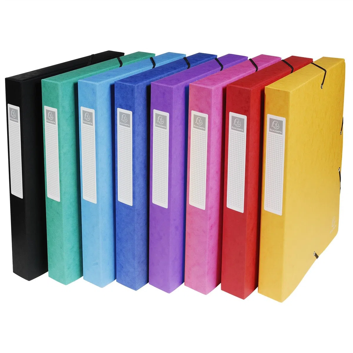 Exacompta 50400E Lote de 8 cajas de clasificación Exabox en cartulina lustrada con cierre c/goma 25 x 33 cm lomo de 4 cm Colores surtidos (Azul, Amarillo, Negro, Rosa, Rojo, Turquesa, Verde, Morado)