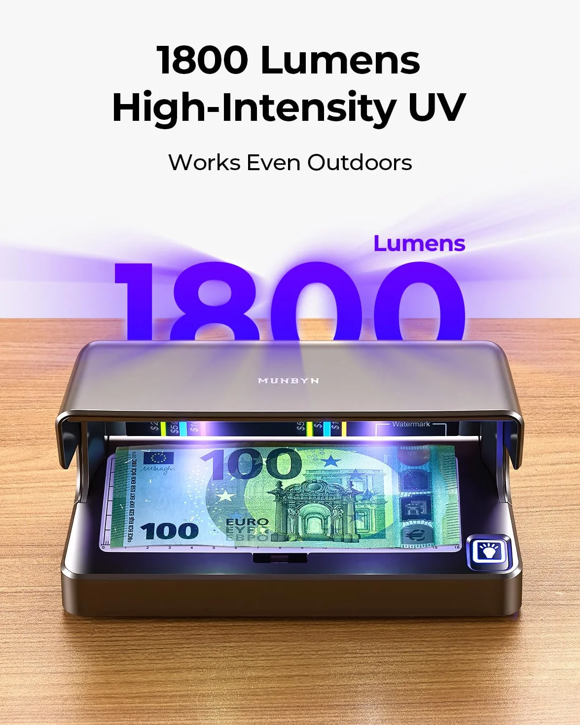 MUNBYN LED Detector de Billetes Falsos UV, Comprobador de Dinero Portátil Recargable con Luz UV y Blanca