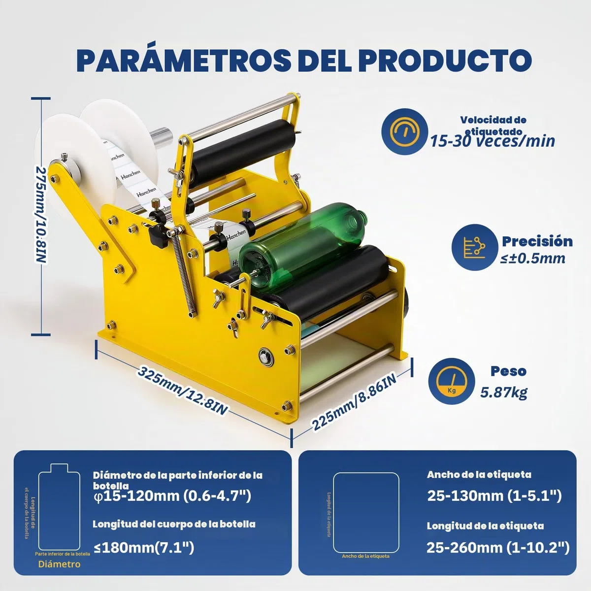 Hanchen Máquina etiquetadora manual de botellas redondas MT-30 para ancho de 10-110 mm, longitud de 10-300 mm (con asa)