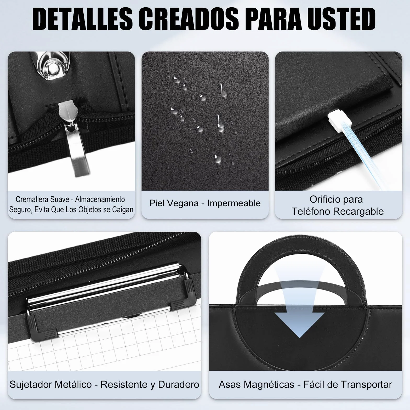 Leathario Carpeta Portadocumentos A4 en Piel Vegana, con Asa, Cuaderno, Portadocumentos con Bloc de Notas y Encuadernación de Anillas, Protectores de Hojas para Entrevistas, Viajes, Reuniones