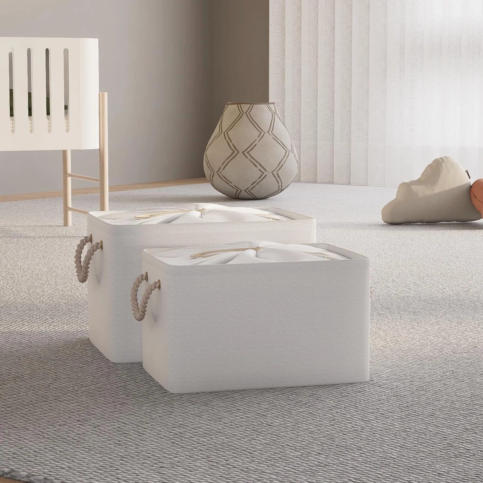 OUTBROS Juego de 3 Caja de Almacenaje plegable, 38 x 28 x 26 cm Cesta de Almacenamiento grande de tela con asas de transporte y cubierta de cordón para toallas, ropa, Blanco puro