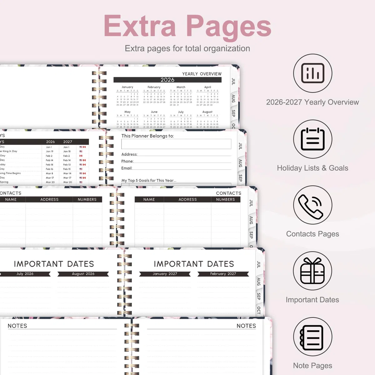 Agenda académica 2026-2027, agenda semanal y mensual, cuaderno de planificación diaria (julio de 2026 a junio de 2030), suministros para estudiantes de profesores escolares, elegantes flores