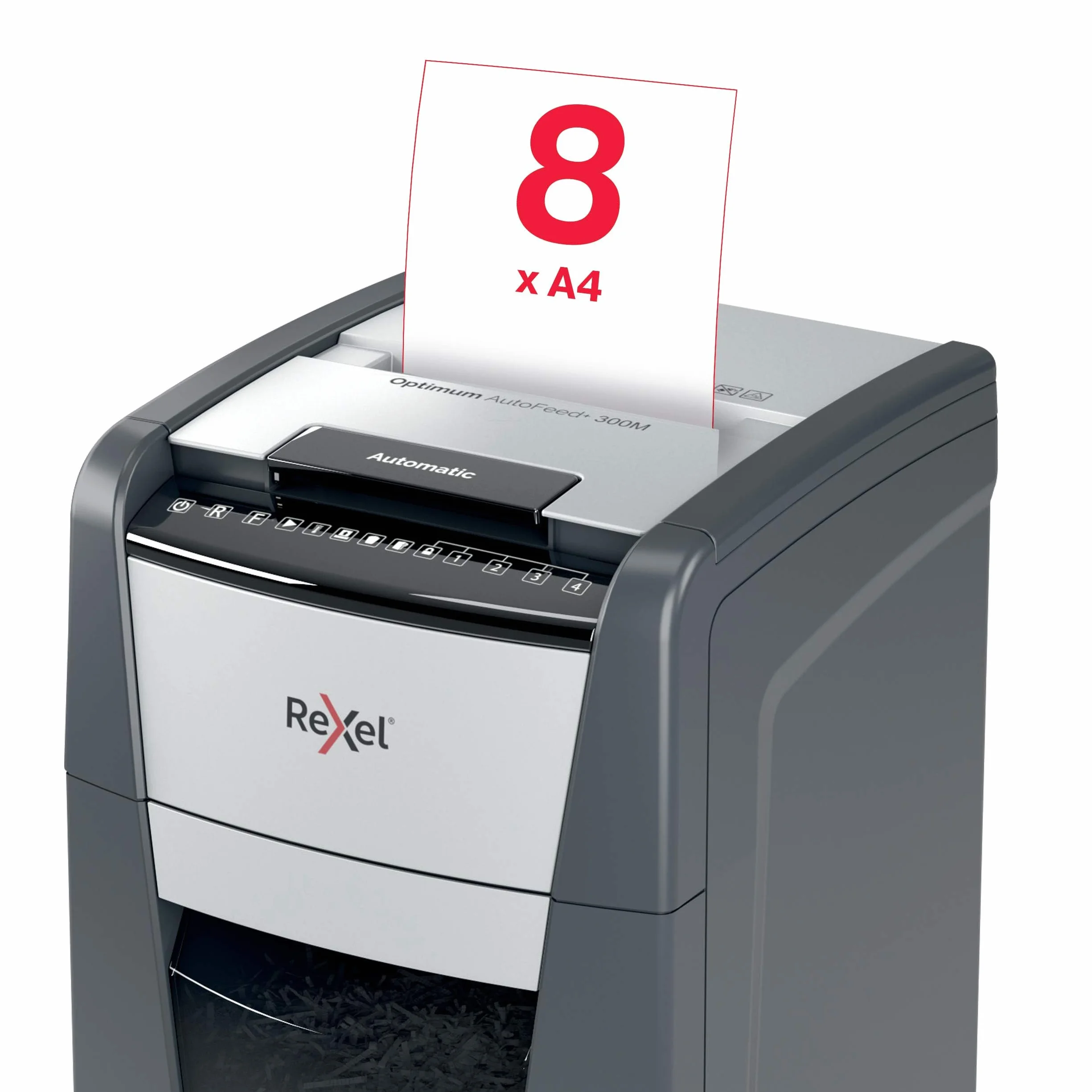 Rexel 2020300MEU - Destructora de Papel Automática Optimum AutoFeed 300M, Microcorte P-5 (2x15 mm), 300 Hojas A4, Papelera Extraíble 60L, Destruye Grapas y Clips, Uso en Oficina, Hasta 10 Usuarios