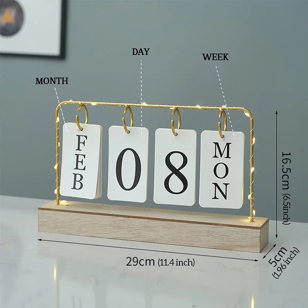 AUSTUFF Calendario perpetuo de madera abatible 2023, calendario de escritorio de metal para decoración diaria de oficina, hogar, planificador mensual semanal de año, calendario de decoración de