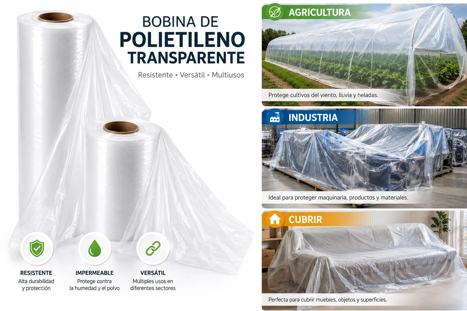 Bobina Plastico Invernadero y Agricultura | Rollo Plastico Duro Transparente de Polietileno 2M G/300 Largo 100 M.L, Protector, Resistente, Envolvente | Para Huerto, Cerramientos, Bricolaje