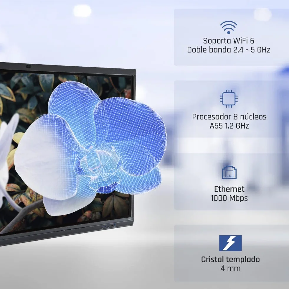 iggual Pantalla interactiva táctil ORCHID 75"- Smart Board - DLED 4K - Procesador 8 núcleos A55 - RAM 4GB+ROM 32 GB. SO - Android 14 - Pizarra digital, Oficina y aula - Trasferencia inalámbrica datos.