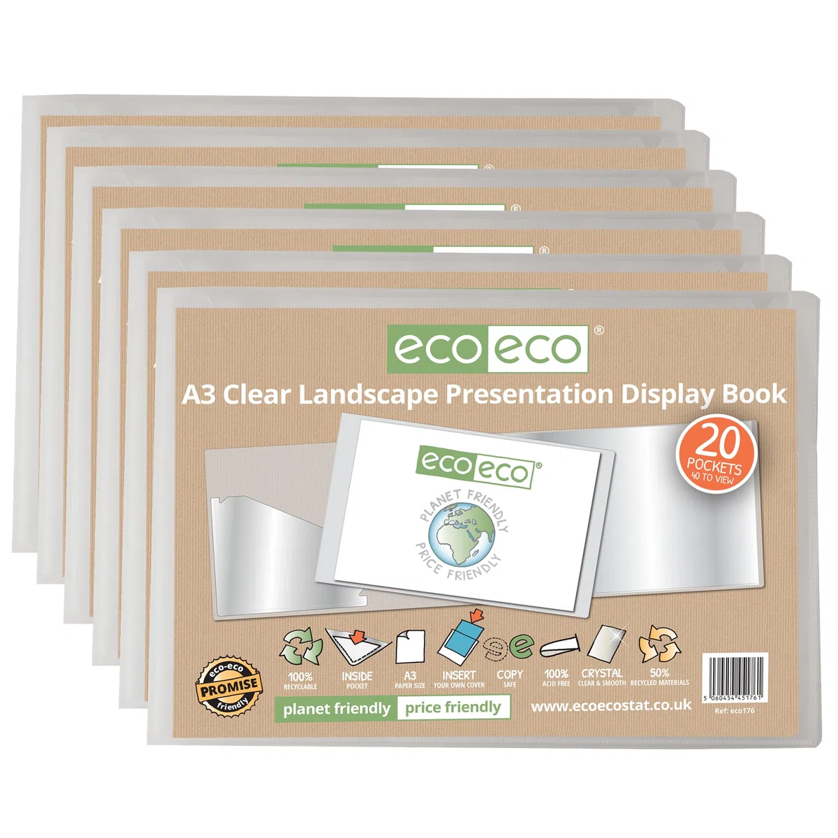 eco-eco Eco176x6 - Libro de presentación de paisaje transparente A3 50% reciclado, 20 bolsillos, estuche de almacenamiento, carpeta de arte con fundas de plástico, paquete de 6