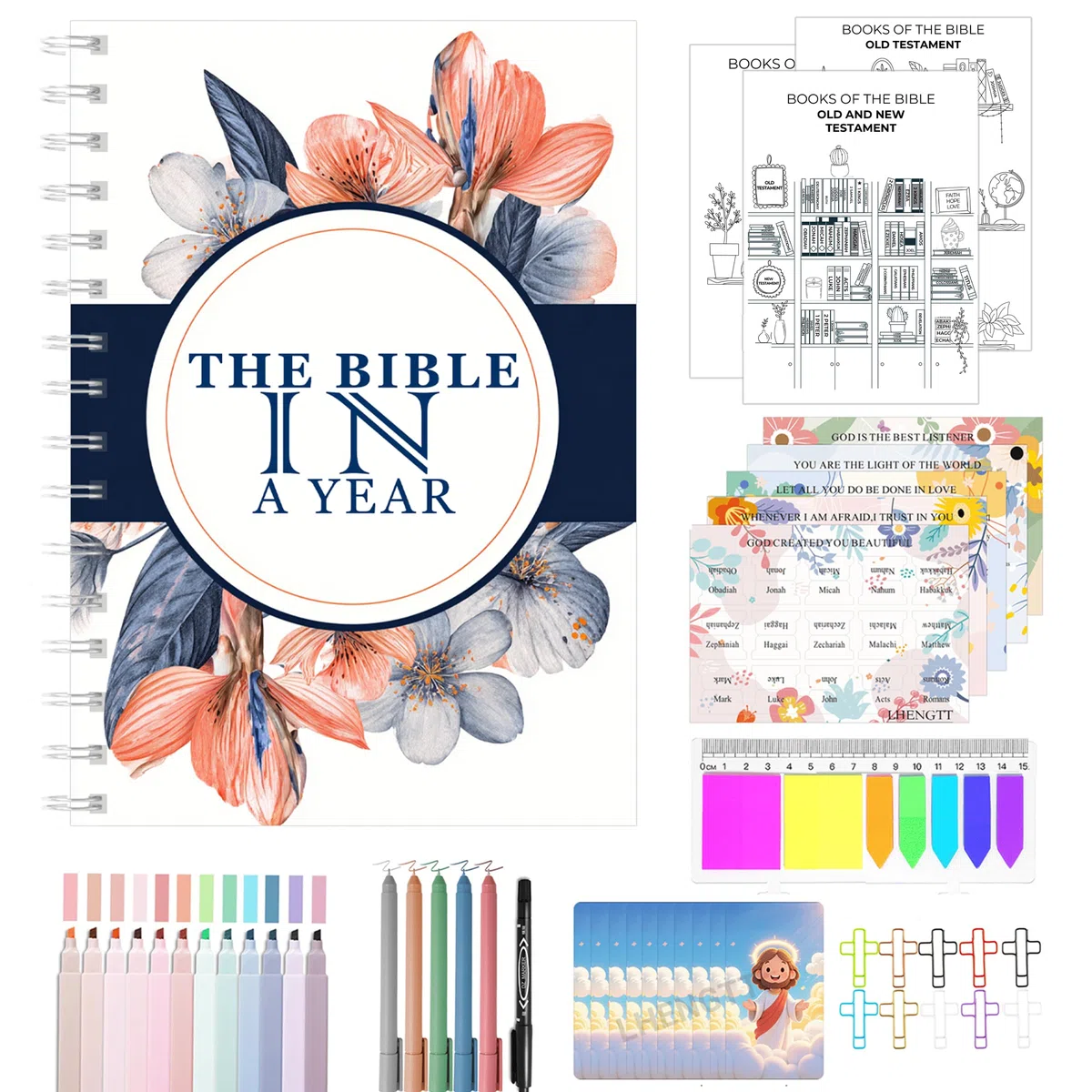 Kit de estudio bíblico de un año - Juego de diario de lectura de las Escrituras de 52 semanas, planificador devocional cristiano para mujeres, cuaderno de fe guiada (M (5.5 x 8.25 pulgadas)