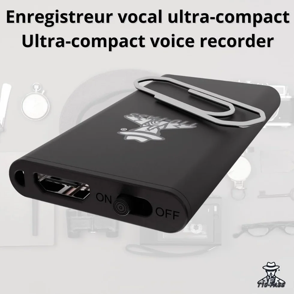 T10-PASS Micro espionaje - La grabadora de voz ultracompacta más pequeña (4 x 2 cm, 5 mm de grosor), discreta e ideal para reuniones, coches, vigilancia y conferencias