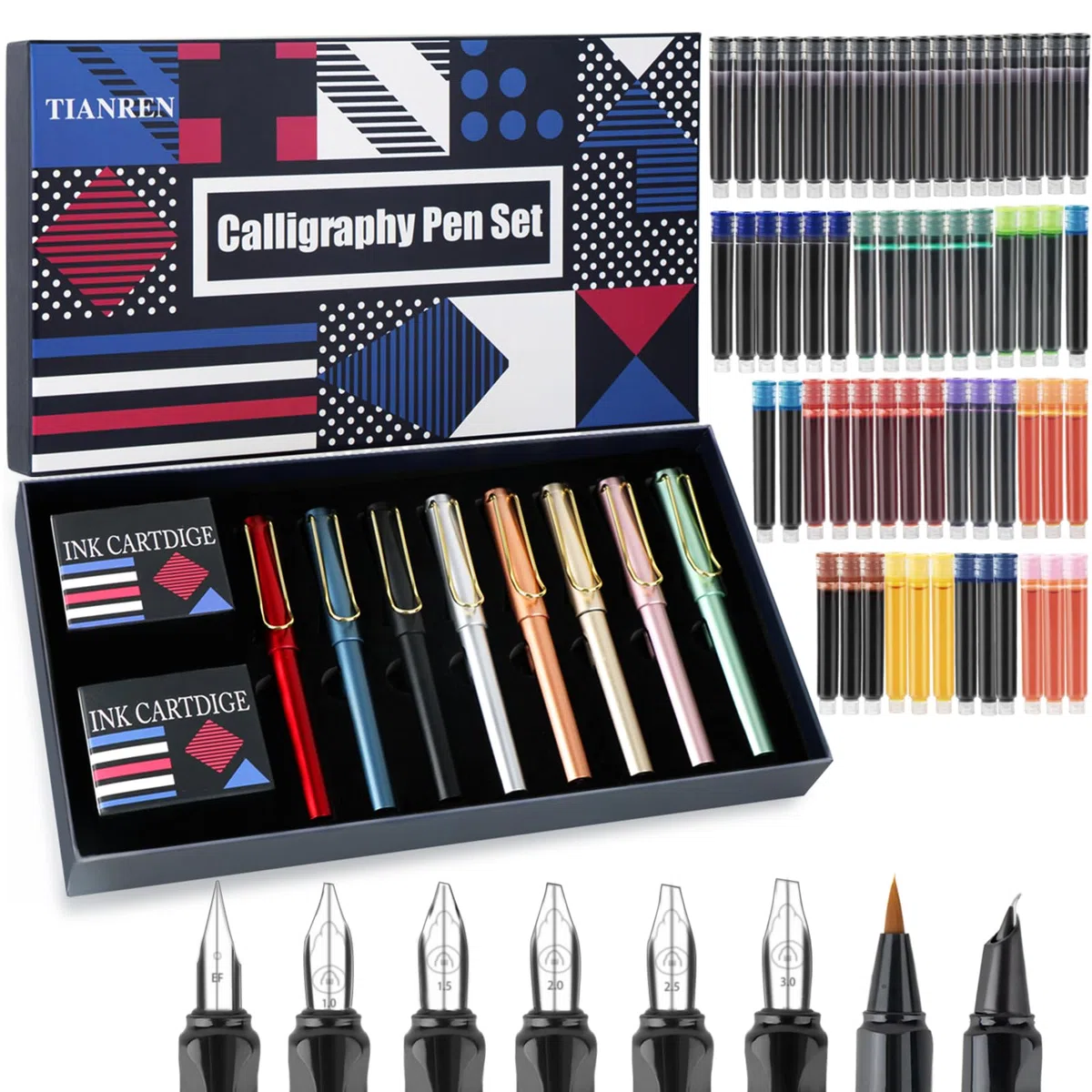 TIANREN Juego de bolígrafos de caligrafía, plumas estilográficas con 8 puntas reemplazables diferentes con 60 cartuchos de tinta (12 colores), juego de caligrafía para principiantes y dibujos.