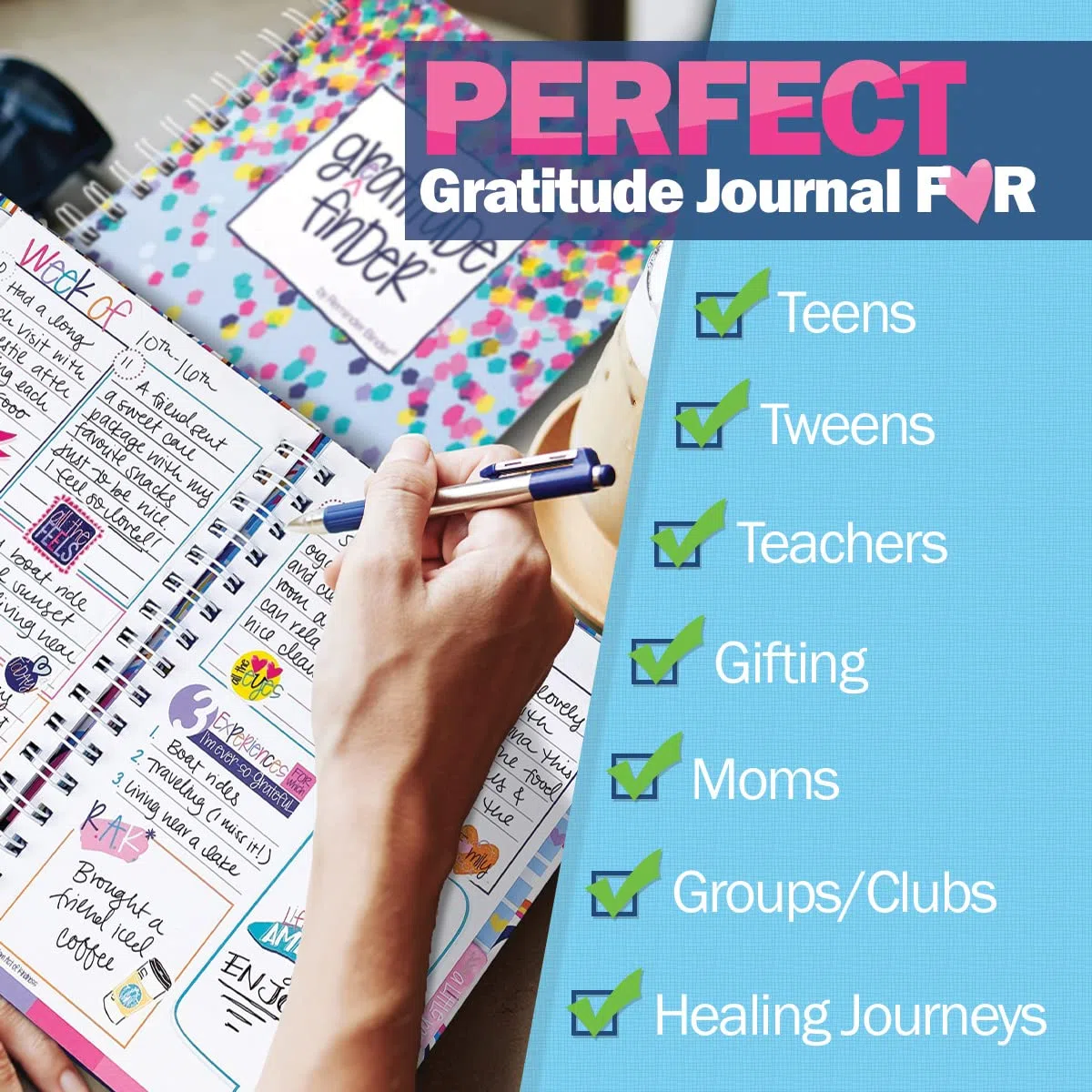 Diario de pensamiento positivo diario de 52 semanas sin fechas, para mujeres, adolescentes y niñas, 165 pegatinas ilustradas a mano incluidas, diario de gratitud para canalizar el pensamiento positivo